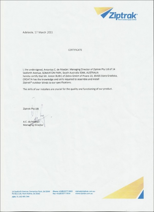 Ziptrak certifikat za Zebru d.o.o. od australske tvrtke